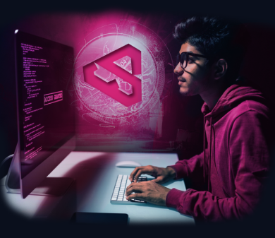 Figura de um homem trabalhando em frente a um computador com o logo do Linkd entre ele e o computador