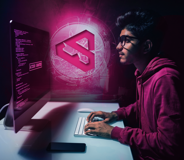 Figura de um homem trabalhando em frente a um computador com o logo do Linkd entre ele e o computador