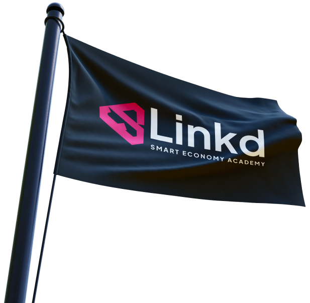 Uma bandeira com o logo e 'Linkd Smart Economy Academy' escritos