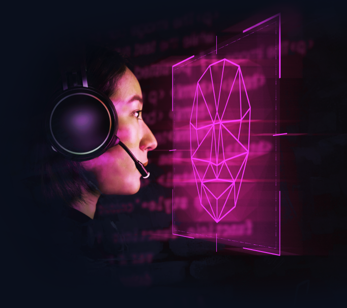 Image of a woman looking at a screen that shows a face recognition image